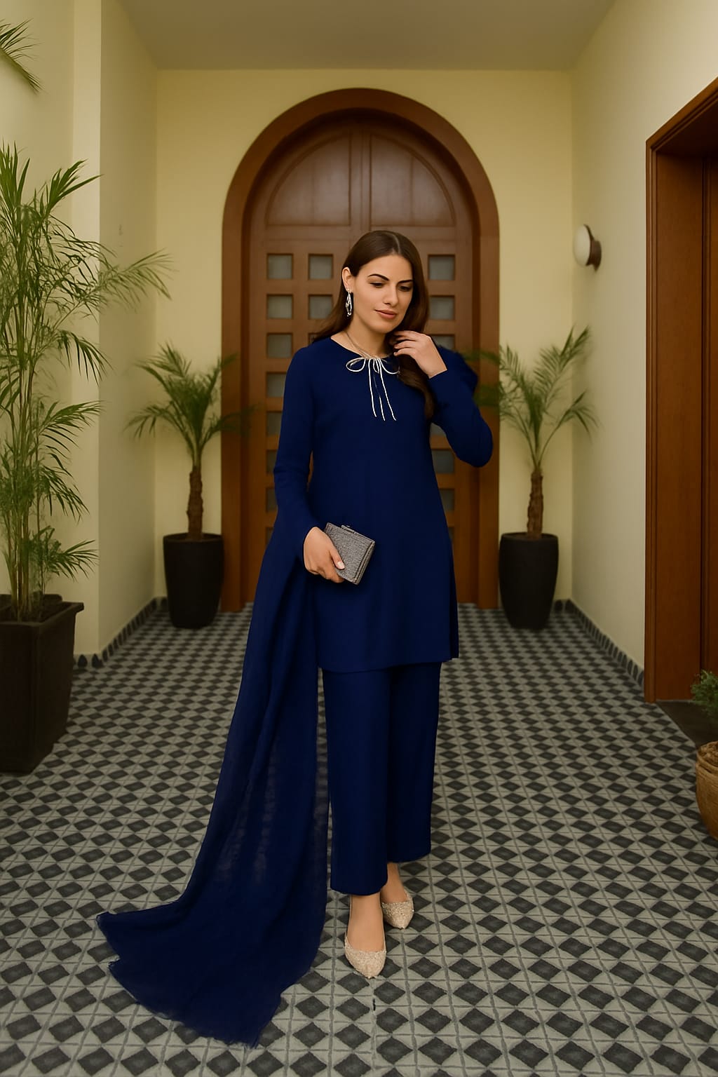 "Trending Farshi Shalwar Suit ✨ | Rhinestone Bow Neck & Organza Dupatta | Shop Now!"